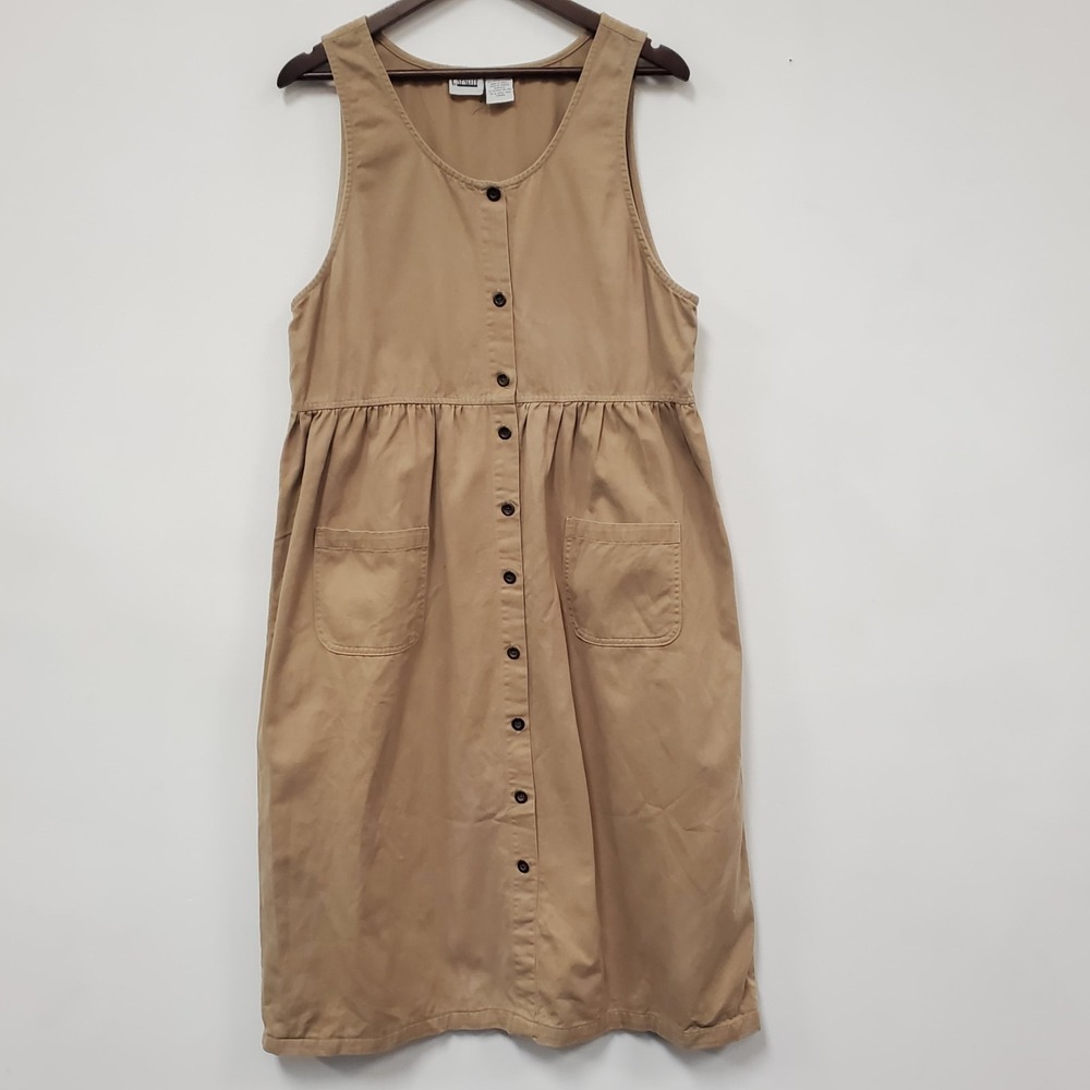 Capacity Vintage Bib Overall Midi Dress L Tan Khaki Cotton 90s Twee Teacher